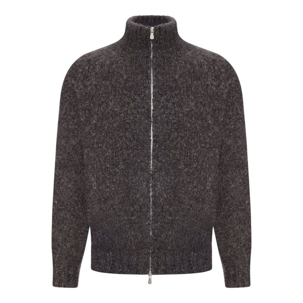Brunello Cucinelli Men Boucle Knit Zip-Up Sweater With High Neck